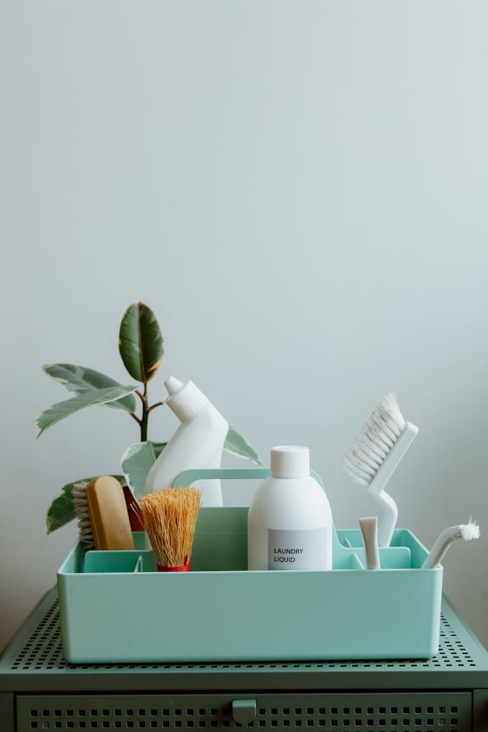 Minimalist display of eco-friendly cleaning products in pastel organizer, highlighting sustainable living.