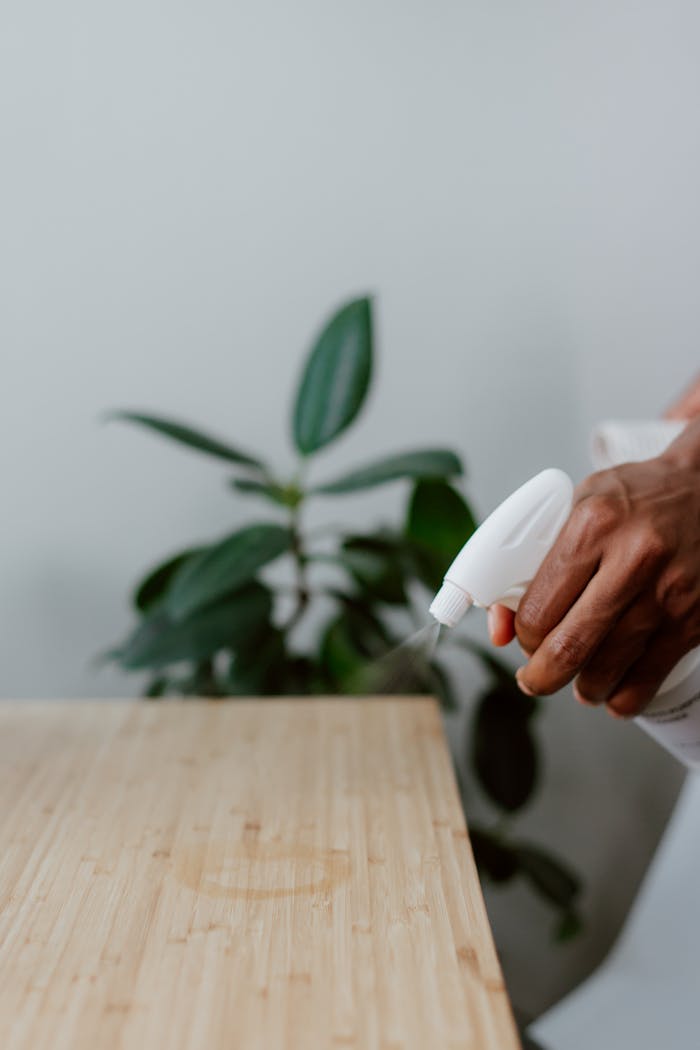 A hand using a spray bottle to clean a wooden table indoors, with a plant in the background.